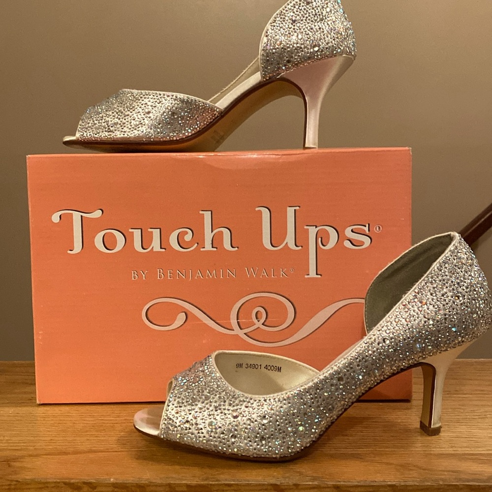 White satin & rhinestone D’Orsay pumps